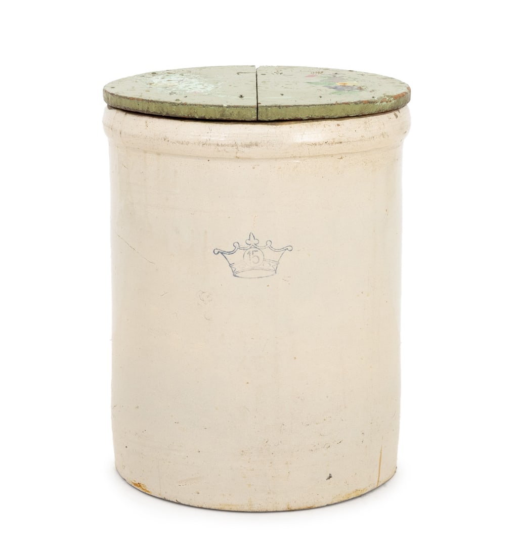 Robinson Ransbottom Stoneware Covered Crock: Robinson Ransbottom Stoneware 15 Gallon Covered Crock, with hand-painted fruit motif green ground wood lid, marked with blue crown and "15". 22" H x 17" Diameter. Provenance: From a 21 East 87th