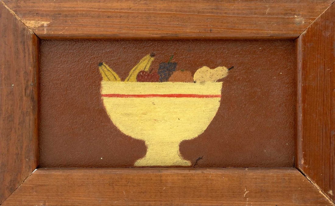 American Naive Still Life of Fruit Oil on Panel: American Naive School, Still Life Scene of a Bowl of Fruit, Oil on Panel, wood frame. Image: 8" H x 5.5" W; frame: 11" H x 9.25" W x 1" D. Provenance: From a 21 East 87th Street Estate. Keywords: Amer