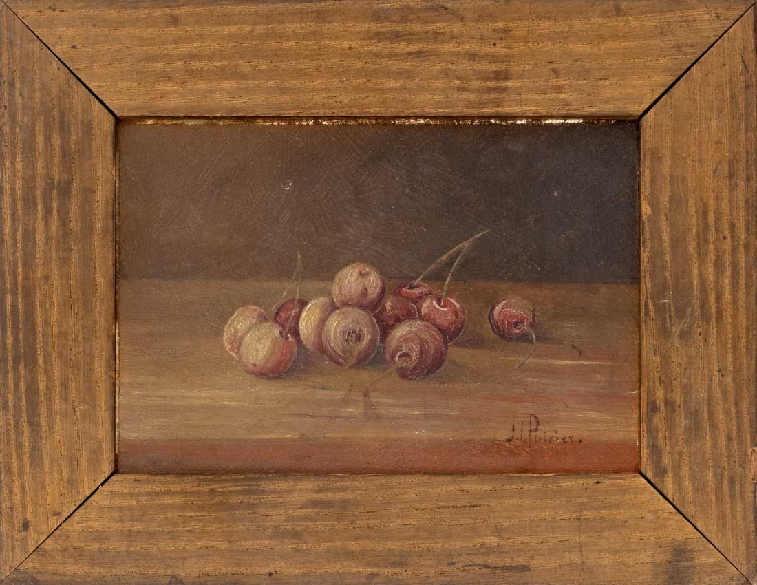 J.L. Poirier Still Life of Cherries Oil on Panel: J. L. Poirier (XIX-XX), Still Life Scene of Cherries, Oil on Panel, signed lower right, giltwood frame. Image: 4.5" H x 6.5" W; frame: 7.5" H x 9.75" W x 0.75" D. Provenance: From a 21 East 87th Stree
