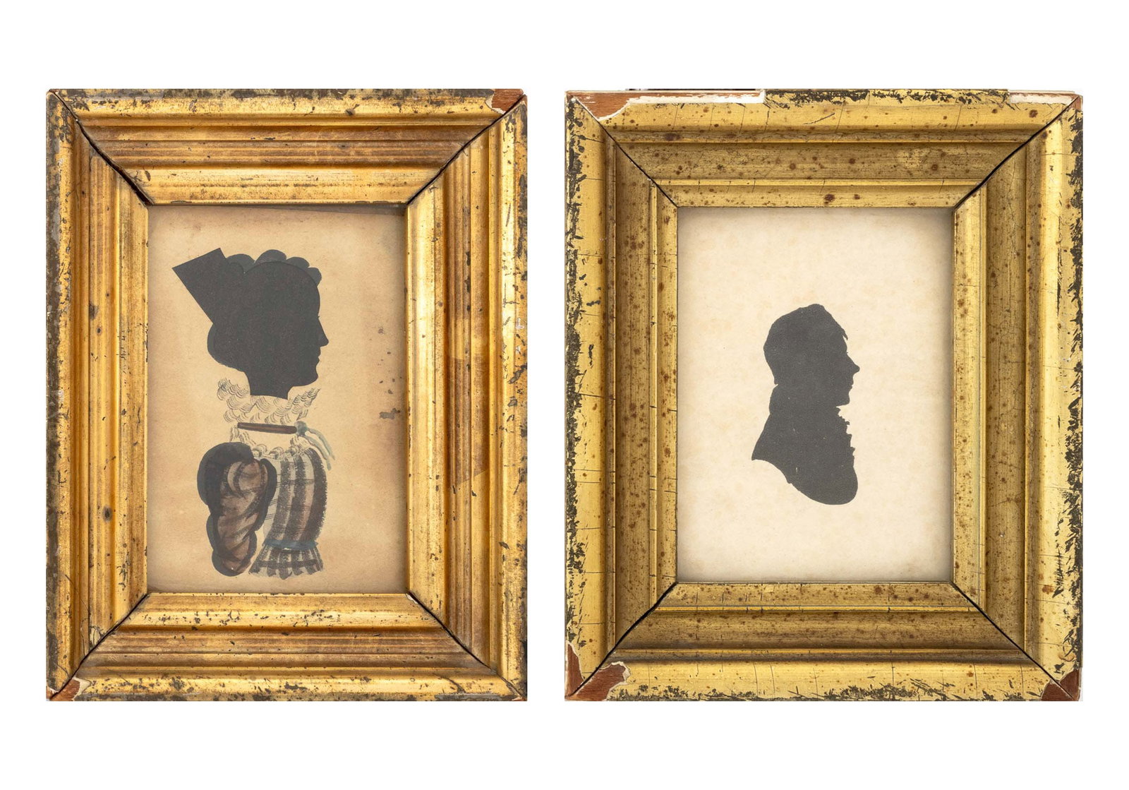 American Lady & Gentleman Silhouettes, 2: American School, Portrait of a Lady and Portrait of a Gentleman, Two Silhouettes, 19th century, the lady with watercolor body, giltwood frames. Larger image: 3.75" H x 2.5" W; frame: 6" H x 4.75" W x 