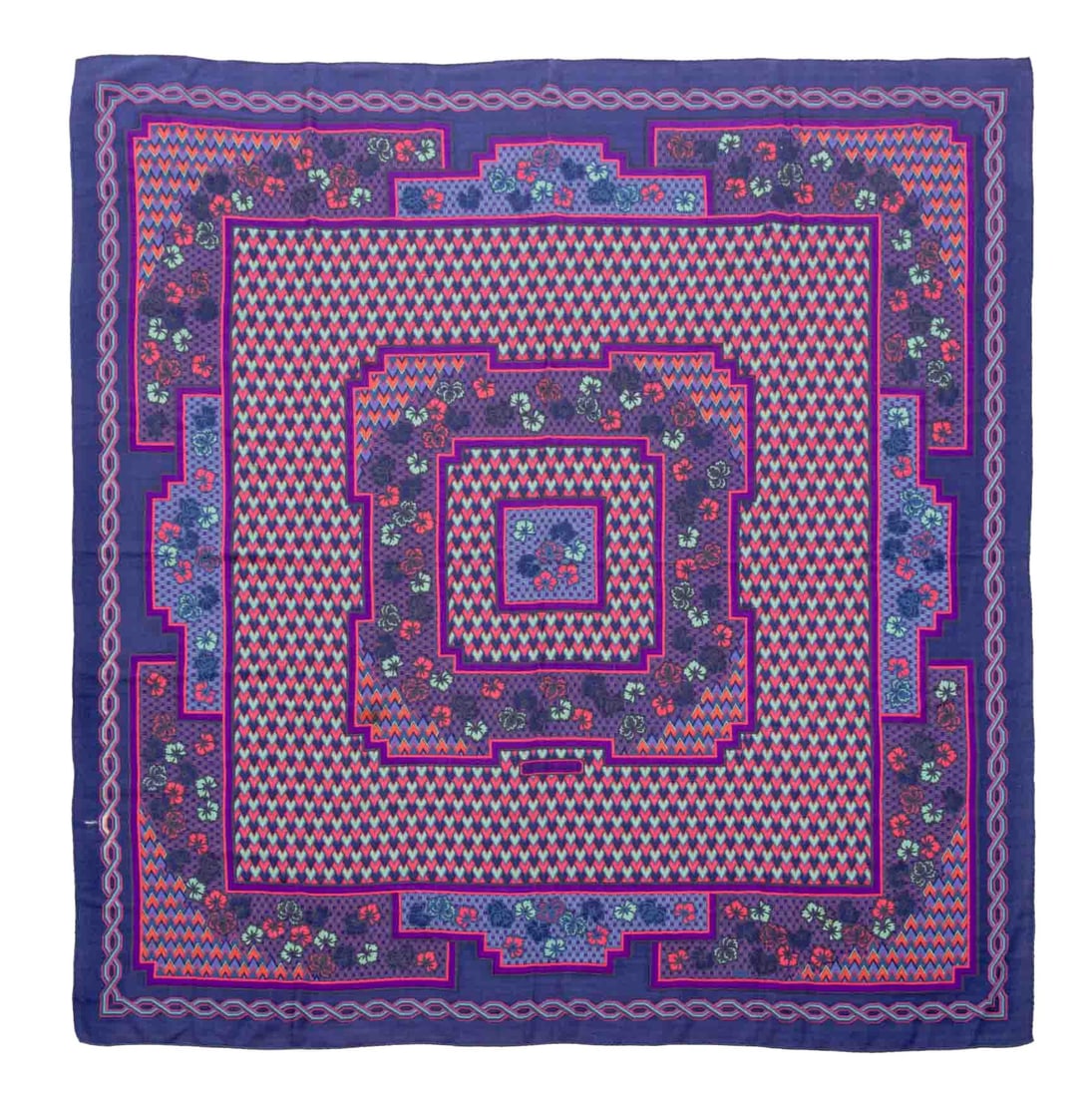 Hermes "Srinagar" Silk Cashmere Blend Shawl: Hermes "Srinagar" Pattern Silk and Cashmere Blend Shawl, designed by by Catherine Baschet, floral and geometric designs on a purple ground, with Hermes box. 51" L x 51" W. Provenance: A Brooklyn Heigh