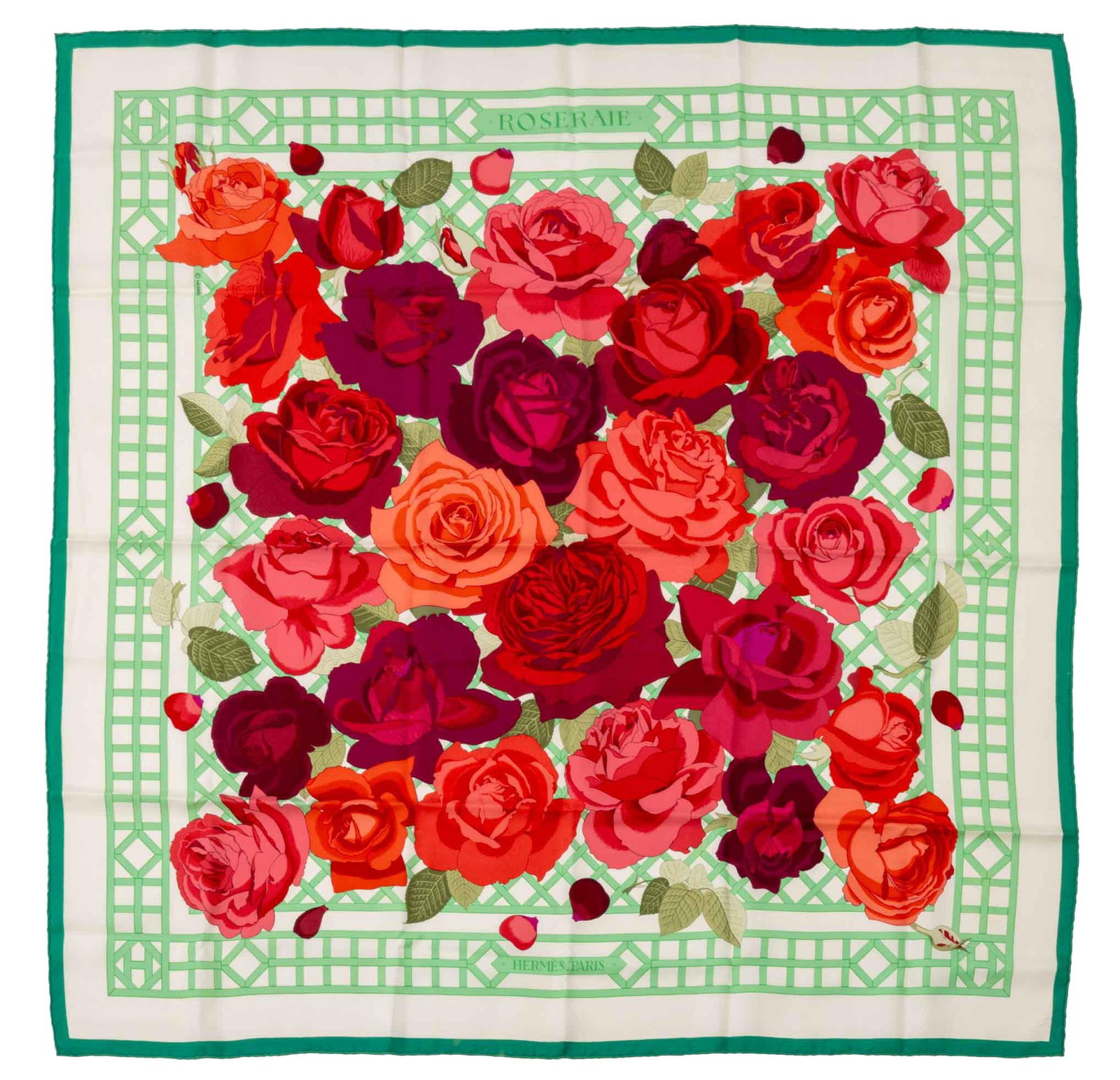 Hermes "Roseraie" Silk Scarf: Hermes "Roseraie" Pattern Silk Scarf, designed by Christiane Vauzelles in 1990, depitcing blooming red roses on a green lattice ground. 35" L x 35" W. Provenance: A Brooklyn Heights, New York Estate. 
