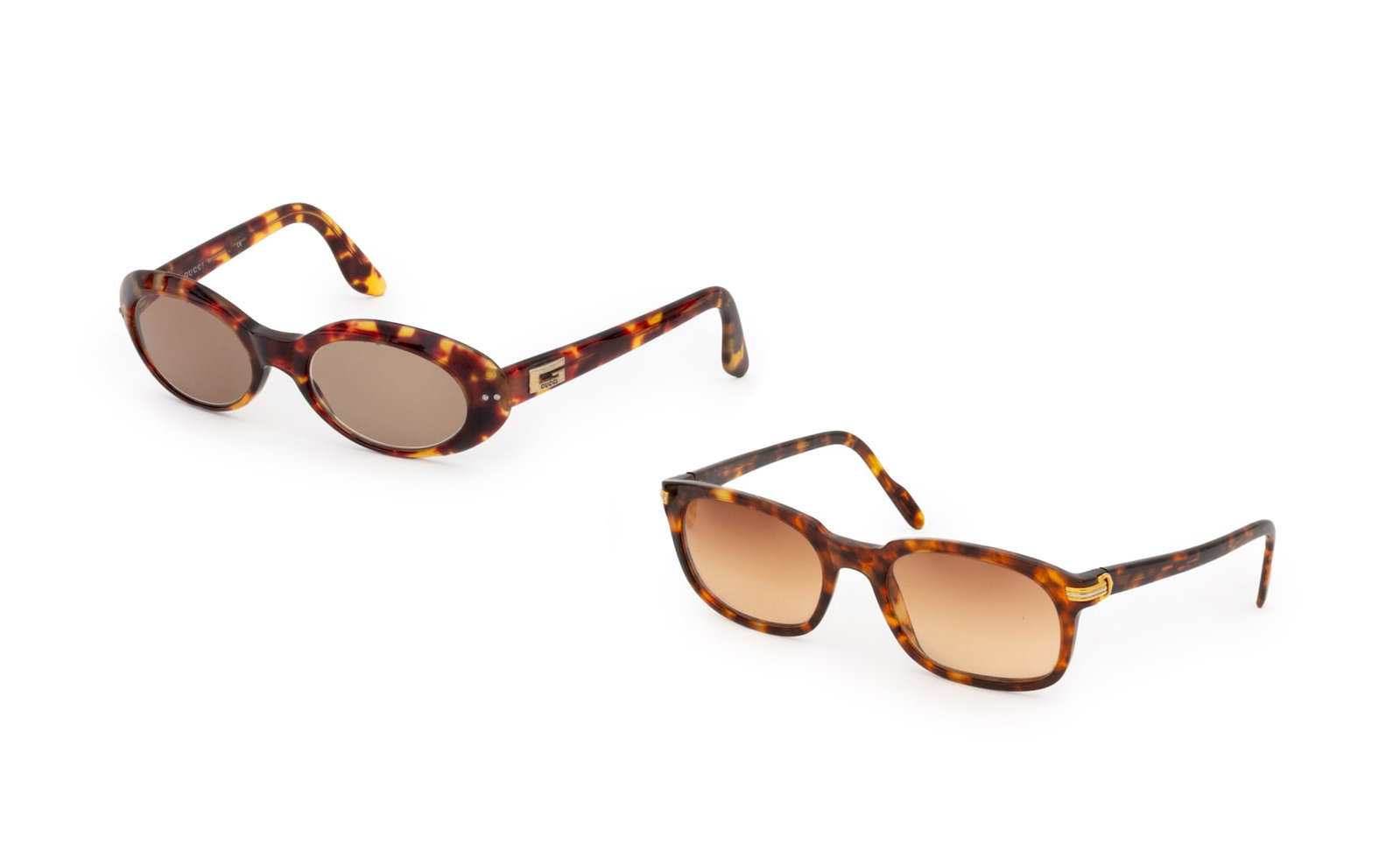 Cartier and Gucci Sunglasses, 2 Pairs: Two Pairs of Designer Faux Tortoiseshell Sunglasses, comprising: Must de Cartier gold-tone accents, marked "Cartier" and numbered "1864115", with burgundy leather case, and Gucci, marked "135 GG