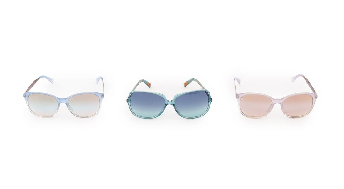 Paul Smith Sunglasses, 3 Pairs: Three Pairs of Paul Smith Sunglasses, all marked and comprising: one light blue acrylic, on lilac purple, and one turquoise blue. Largest: 2.25" H x 6" W x 5" D. Provenance: From a Long Island
