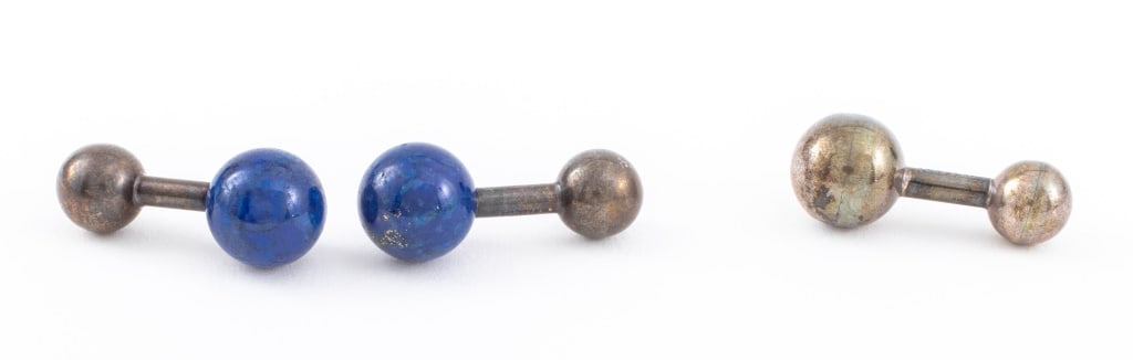 Tiffany & Co. Lapis & Silver Barbell Cufflinks, 3: Set of Three Tiffany and Company Cufflinks, two crafted in 925 sterling silver with top side lapis lazuli beads, approx. 12.0 mm, one cufflink made entirely with 925 sterling silver the top bead 12.0