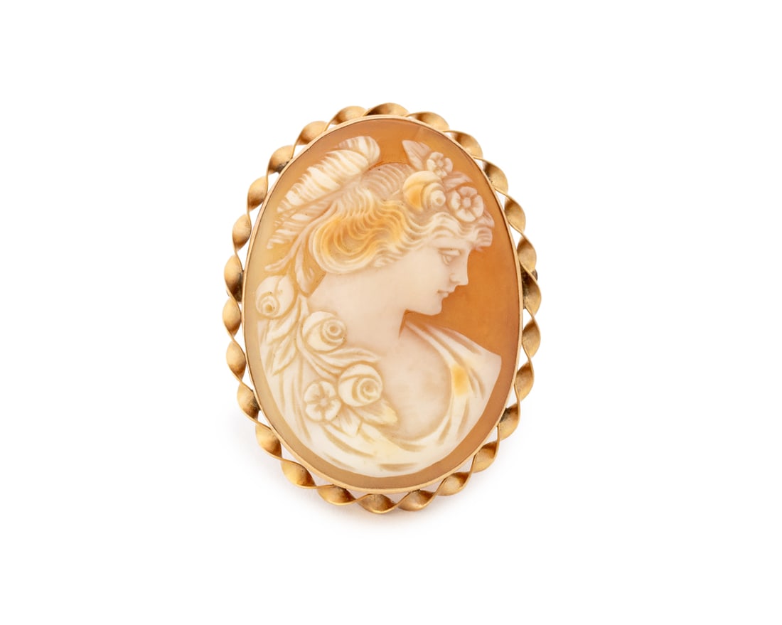 Vintage Carved Shell Cameo and Gold Brooch Pendant: Vinatge Carved Shell Cameo and 14K Yellow Gold Brooch Pendant, designed as a classical profile of a maiden with floral accents in hair, framed in 14K yellow gold, worn through fabric with pinstem, joi