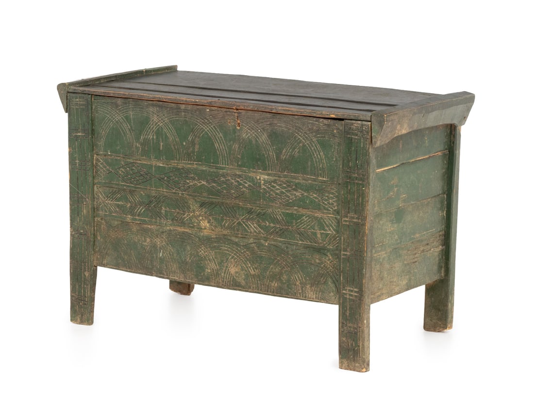 American Green Painted Coffer: American Green Painted Coffer, with carved geometric design to the front. 21.5" H x 33.5" W x 16.5" D. Provenance: From a 21 East 87th Street Estate. Keywords: Antique Furniture, American Primitive