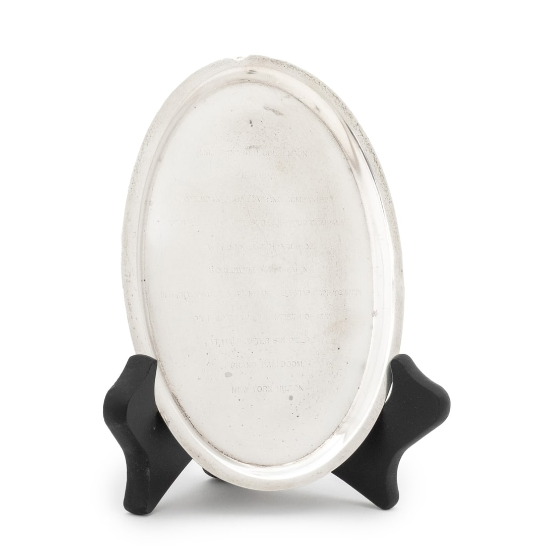Cartier Sterling Silver Oval Invitation Tray: Cartier Sterling Silver Oval Invitation Tray, engraved "Mr. Lenoard H. Goldenson / President / American Broadcasting Companies / Requests the Pleasure of your Company / At a Dinner in Honour of /