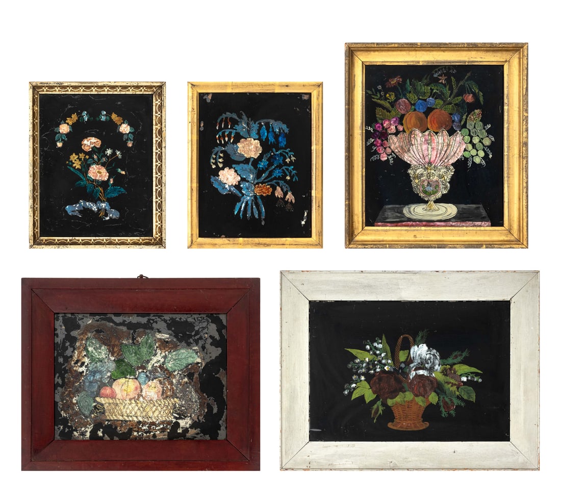 American Folk Art Floral Motif Tinsel Paintings, 5: Collection of Five American Folk Art Floral Motif Tinsel Paintings, 19th century, three giltwood frames, one silvered wood frame, and one in a red painted frame. Largest image:11.5" H x 8.25" W; frame