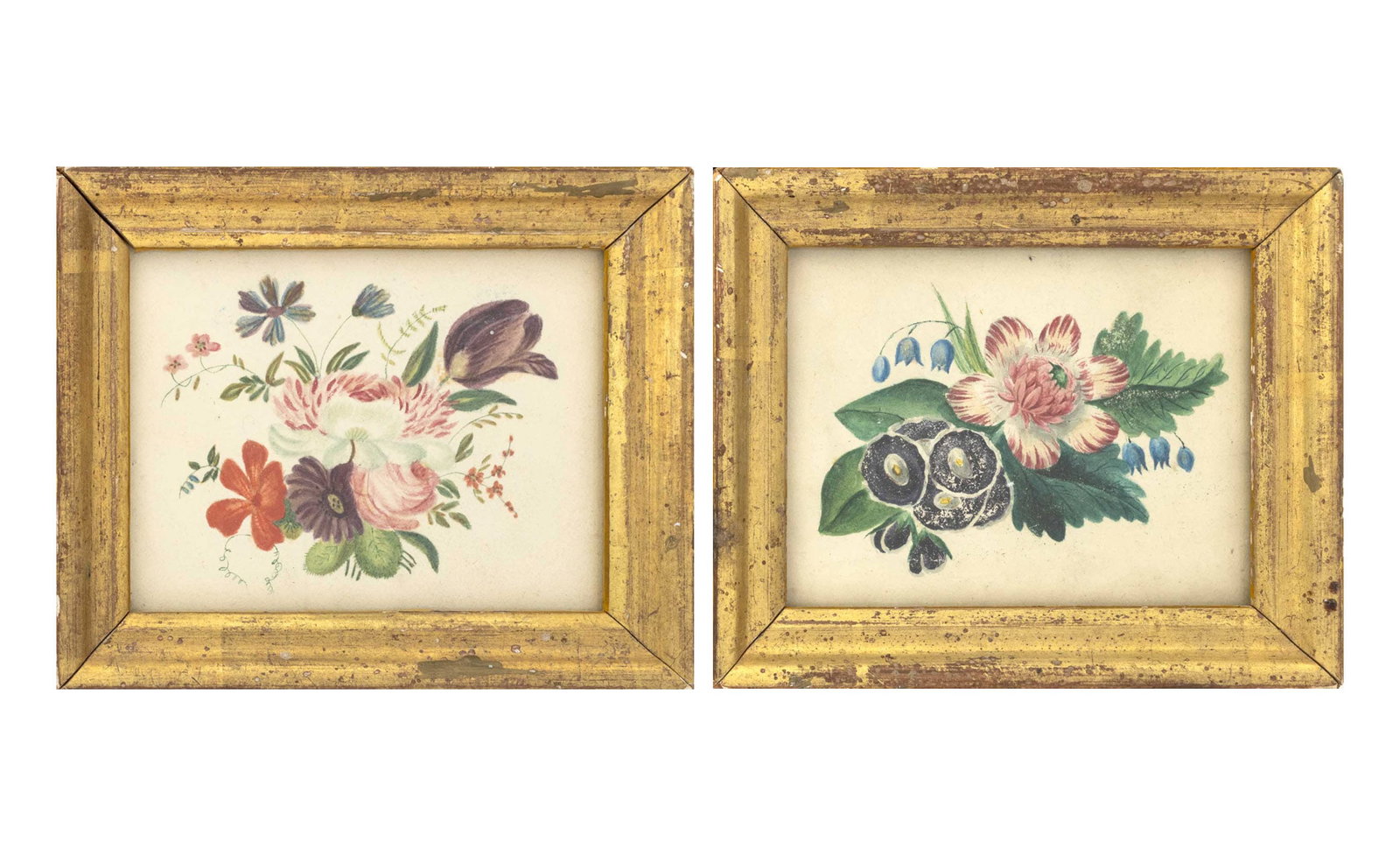 Floral Botanical Scenes Watercolor on Paper, 2: 19th Century School, Two Floral Botanical Scenes, Watercolor on Paper, unsigned, giltwood frames. Each image: 2.75" H x 3.75" W; frame: 4" H x 5" W x 1" D. Provenance: From a 21 East 87th Street Estat