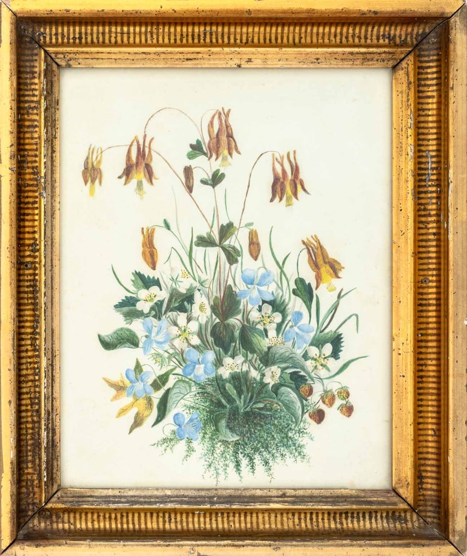 American Scene of Wildflowers Watercolor, 19th C.: American School, Still Life Scene of a Bouquet Wild Flowers, Watercolor on Paper, 19th century, inscribed "Watercolor dated 1873 period frame" verso, giltwood frame. Image: 9.75" H x 7.5" W; frame: 12