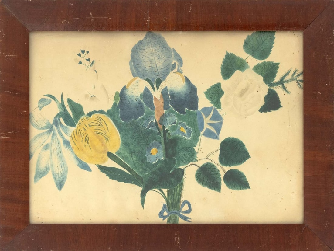 American Naive Flower Bouquet Watercolor: American Naive School, Flower Bouquet, Watercolor on Paper, 19th century, wood frame. Image: 9.5" H x 13.5" W; frame: 12.5" H x 16.5" W x 1.25" D. Provenance: From a 21 East 87th Street Estate. Keywor