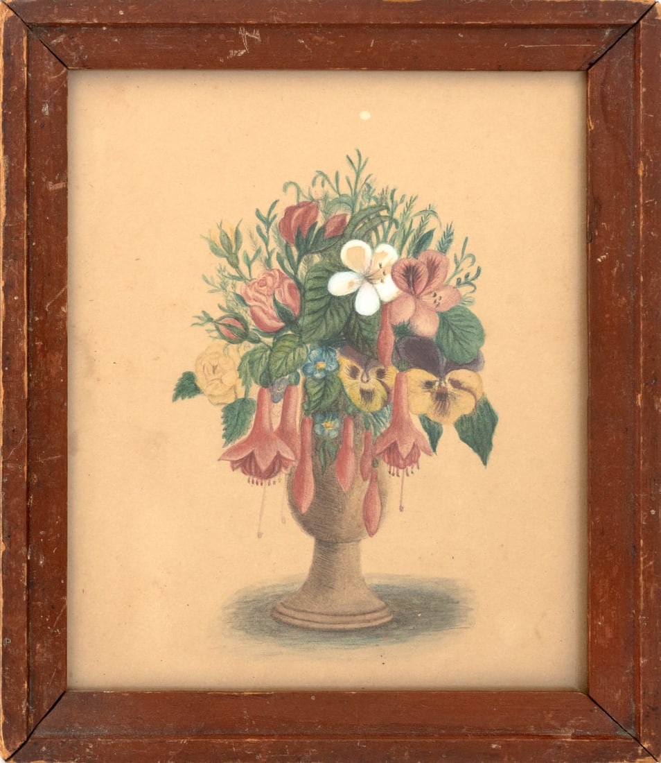 American Floral Still Life Watercolor, 19th C.: American Naive School, Still Life Scene of a Vase of Flowers, Watercolor on Paper, 19th century, wood frame. Image: 8" H x 5.5" W; frame: 11" H x 9.25" W x 1" D. Provenance: From a 21 East 87th Street