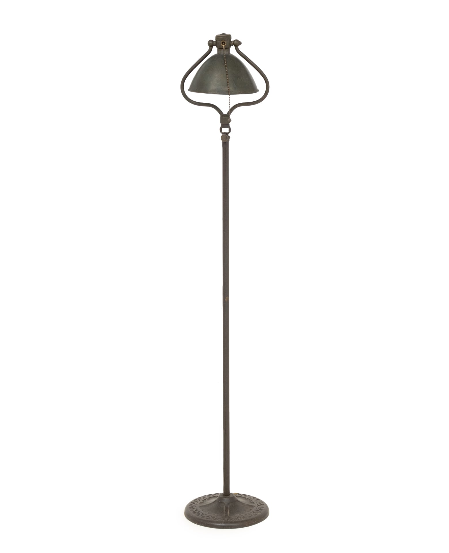 Arts and Crafts Wrought Iron Floor Lamp: American Arts and Crafts Wrought Iron Floor Lamp, with patinated metal adjustable shade and interlocking design to circular base, marked "330" to underside and "Bryant Pat'd Nov. 1907" to light fittin