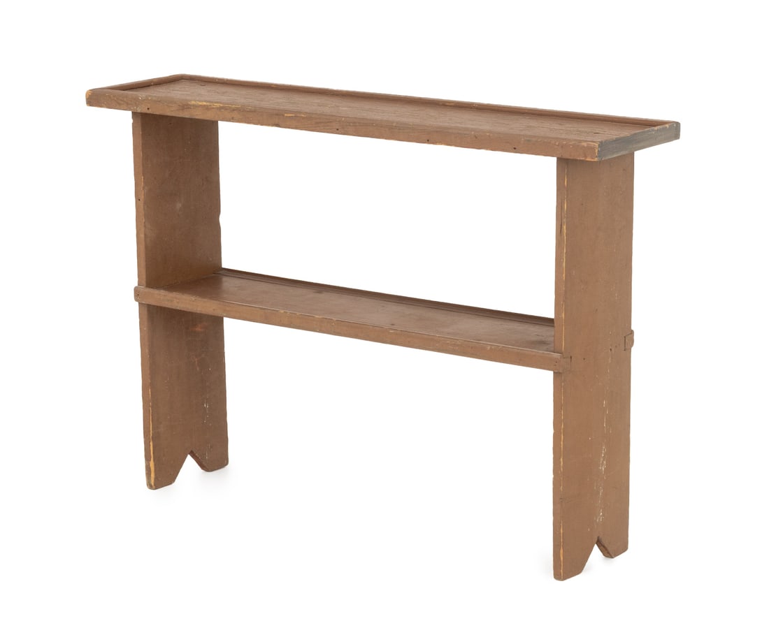 American Brown Painted Two-Tier Console Table: American Brown Painted Two-Tier Console Table. 27" H x 40.5" W x 9.5" D. Provenance: From a 21 East 87th Street Estate. Keywords: Antique Furniture, American Primitive Furniture, Americana, Entry tabl