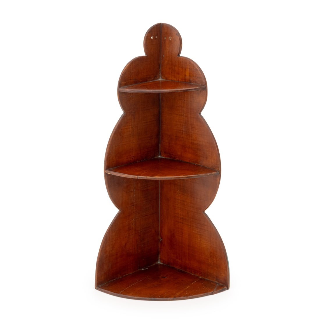 Arts & Crafts Maple 3-Tier Corner Wall Shelf: American Arts and Crafts Maple Three-Tier Corner Wall Shelf. 21" H x 11" W x 7.75" D. Provenance: From a 21 East 87th Street Estate. Keywords: Vintage Furniture, Carving, Shelving, Gourd form, Encoign