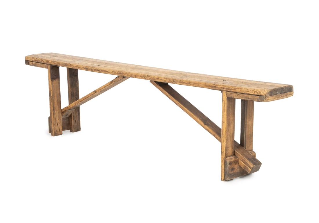 American Shaker Pine Wood Bench: American Shaker Pine Wood Bench, with collapsible legs. 18" H x 71.5" W x 8.25" D. Provenance: From a 21 East 87th Street Estate. Keywords: Antique Furniture, American Primitive Furniture, Farmhouse b