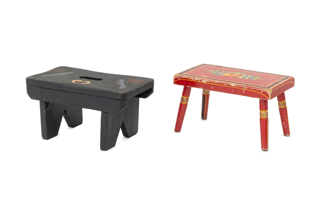 American Folk Art Paint-Decorated Stools, 2: Two American Folk Art Paint-Decorated Stools, one red with floral motif, marked "1968 / Ebersol" to underside and one Pennsylvania Dutch style with bird motif on black ground. 6.75" H x 12.75" W x 7" 
