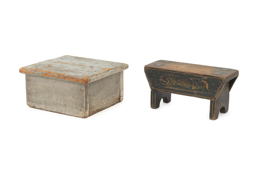 American Folk Art Painted Wood Stools, 2: Two American Folk Art Painted Wood Stools, one in blue and one in green. 6.5" H x 13" W x 5.25" D. Provenance: From a 21 East 87th Street Estate. Keywords: Antique Furniture, American Primitive Furnit