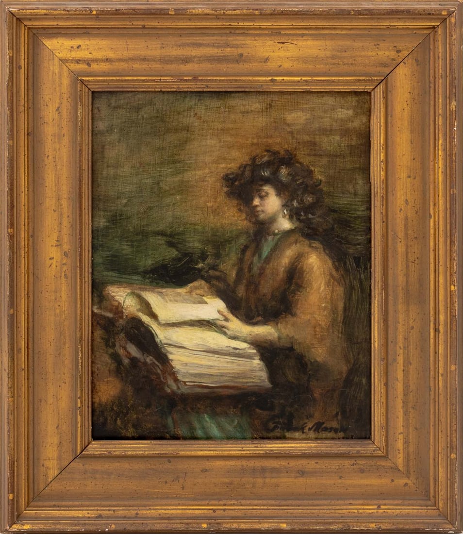 Frank Mason Figural Interior Oil on Panel, 1983: Frank Mason (American, 1921-2009), Figural Interior Scene, Oil on Panel, 1983, signed lower right, signed and dated verso, giltwood frame. Image: 12.5" H x 10" W'; frame: 19" H x 16.5" W x 2.25" D. Pr