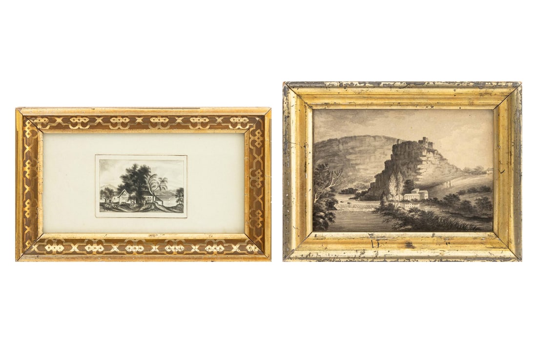 Hudson River Landscape Scenes Watercolor, 2: Hudson River School, Two Landscape Scenes, Watercolor on Paper, 19th century, giltwood frames. Larger image: 4.25" H x 6" W; frame: 6" H x 8" W x 1" D. Provenance: From a 21 East 87th Street Estate. K