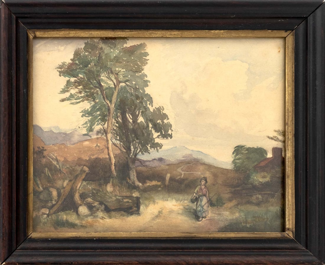 Figure Amongst a Landscape Watercolor, 19th C.: 19th Century School, Figure Amongst a Landscape Scene, Watercolor on Paper, unsigned, wood frame with gilt border. Image: 5.75" H x 7.25" W; frame: 7.75" H x 9.5" W x 1" D. Provenance: From a 21 East 