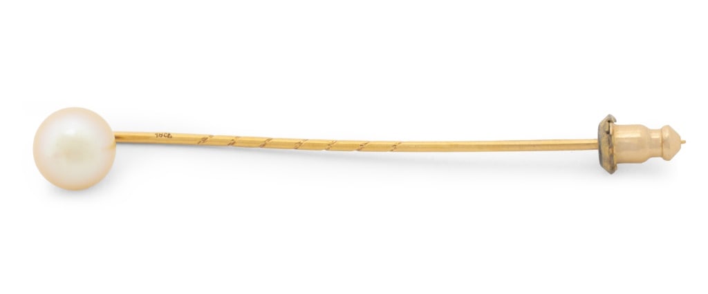 Antique Cultured Pearl 18K Gold Stick Pin, GIA: Antique 18K Yellow Gold Cultured Pearl Stick Pin, hand fabricated with 18K yellow gold, featuring one round cultured Akoya pearl, approx. 7.63 mm, accompanied by GIA Report 2225875683, dated 10 April 