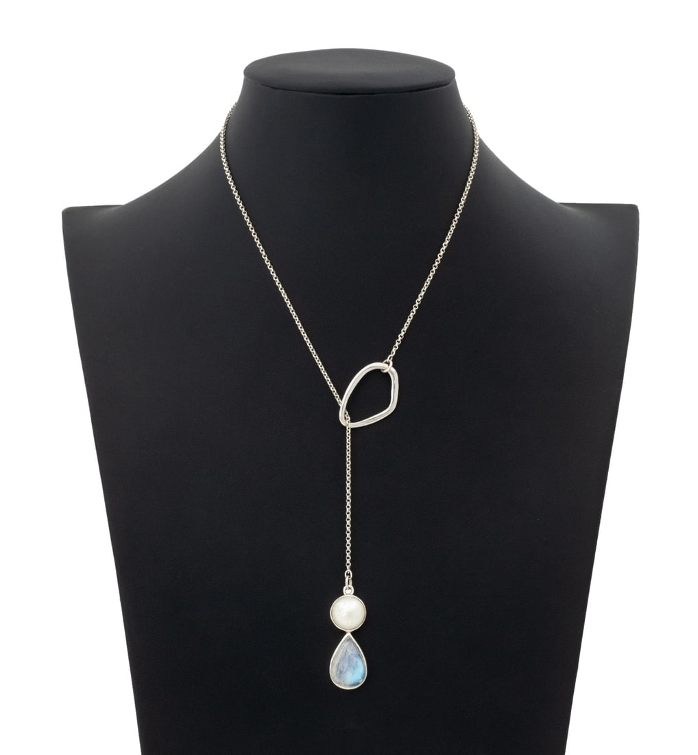 Marie Pierre Moonstone and Pearl Lariat Necklace: Marie Pierre Blue Moonstone and Cultured Pearl Sterling Silver Lariat Necklace, featuring one fixed pendant with one bezel set mabe cultured pearl approx. 12.0 mm, further adorned with one bezel set p