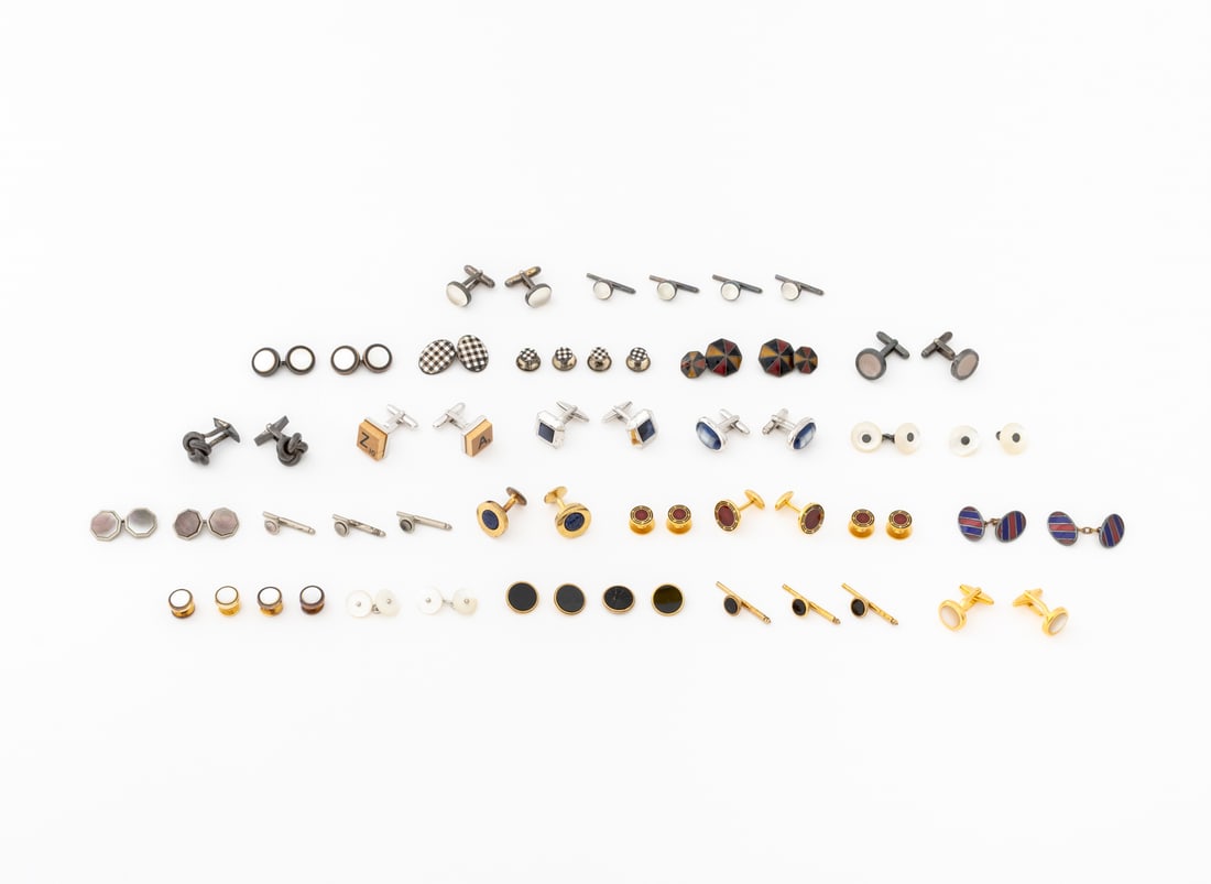 Modern Sterling and Gold-Tone Cufflinks, 27 Pairs: Collection of 27 Pairs of Modern Sterling Silver, Gold-Tone, and Silver-Tone Cufflinks, including: sterling silver single cufflink and set of four studs with marks for Deakin and Francis, Birmingham,