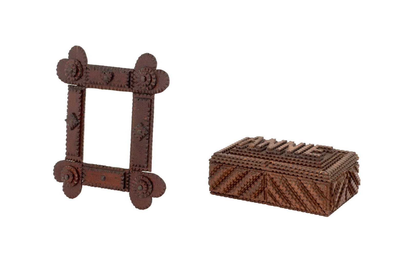 American Tramp Art Carved Wood Accessories, 2: Two American Tramp Art Carved Wood Accessories, comprising: hand mirror and covered cigar box, personalized "Annie" to the top lid. Larger: 3.5" H x 9.5" W x 6" D. Provenance: From a 21 East 87th Stre
