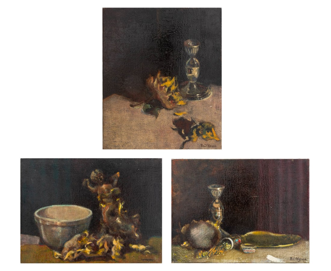 Robert O'Meara Still Life Scenes Oil on Canvas, 3: Robert O'Meara (American, 1957-2024), Group of Three Still Life Scenes, Oil on Canvas, depicting a Cupid figurine, silver candlesticks, and sunflowers, each signed lower right, unframed. Largest: 12" 