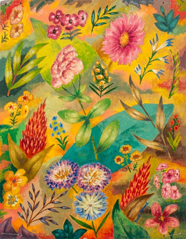 Fred Biesel "Cosmos Radiance" Oil on Panel, 1949: Fred Biesel (American, 1893-1954), "Cosmos Radiance," Oil on Panel, 1949, depicting brightly colored flowers and leaves, signed lower right, signed, dated, and titled verso, unframed. 14" H x 11" W. P