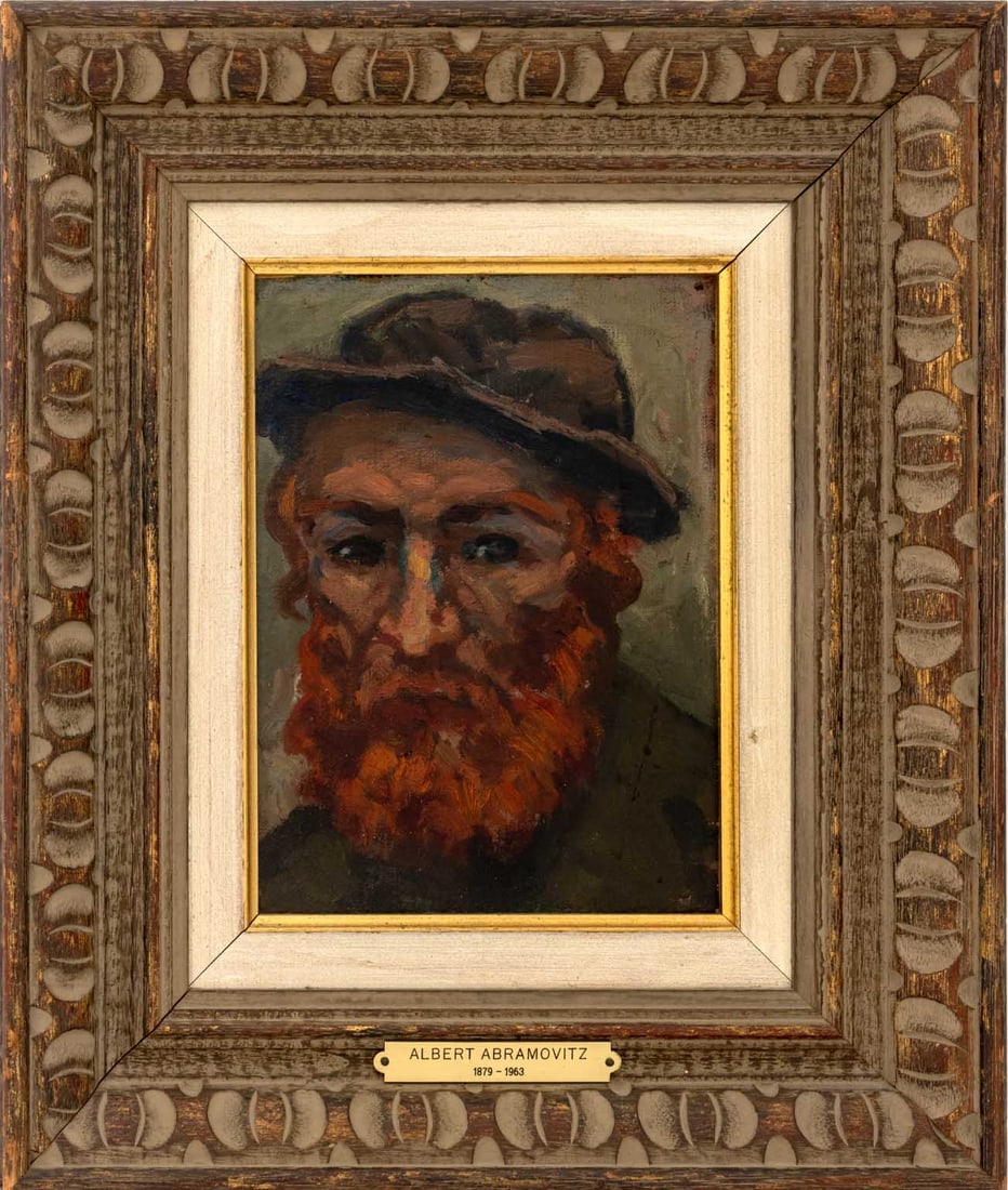 Albert Abramovitz Portrait of a Man Oil on Board: Albert Abramovitz (American, born Latvia, 1879-1963), Portrait of Man with Red Beard, Oil on Board, unsigned, engraved brass plaque to carved wood frame. Image: 9" H x 6.5" W; frame: 16.75" H x