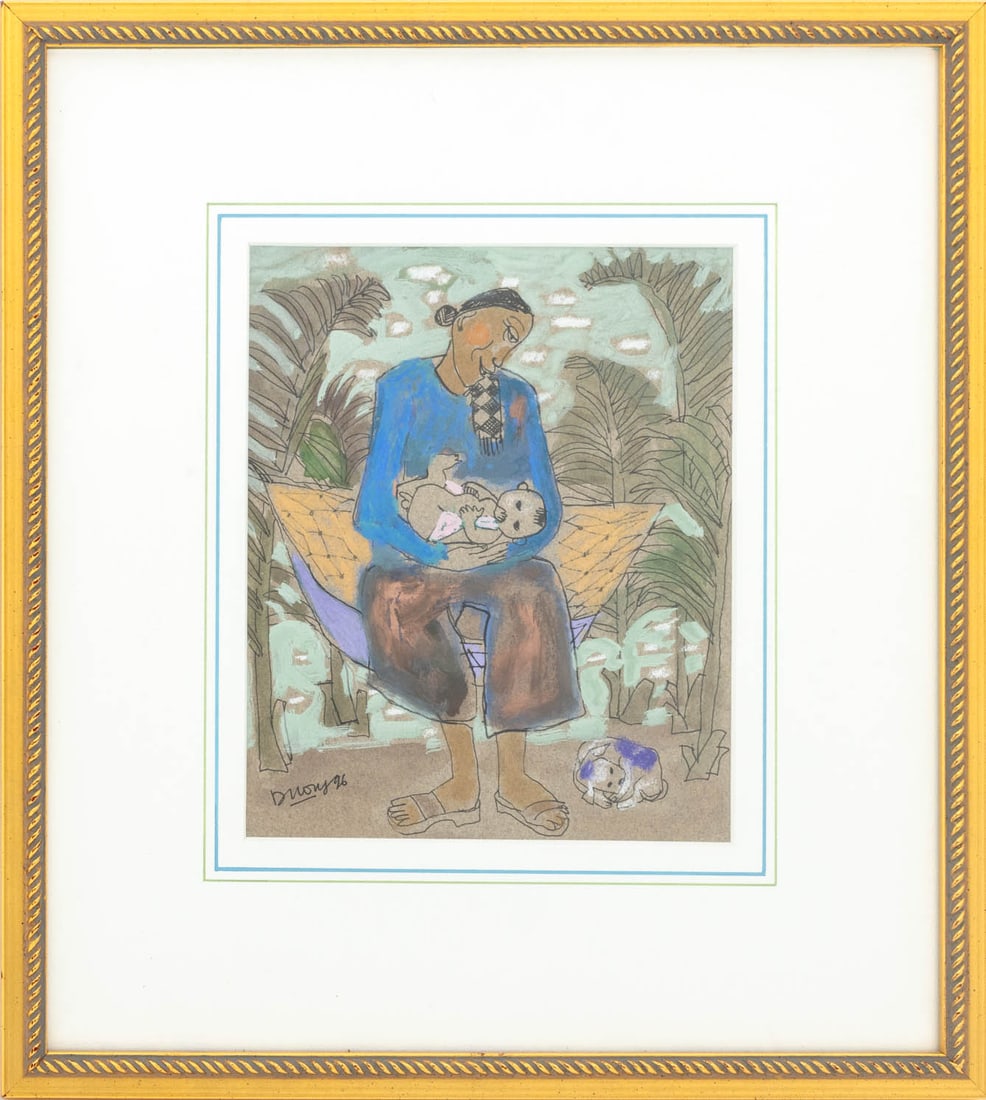 Duong Mother, Child, & Dog Mixed Media, 1996: Duong (XX-XXI), Mother, Child, and Recumbent Dog Amongst a Landscape Scene, Mixed Media on Paper, 1996, signed and dated lower left, gilt frame. Image: 7" H x 5.5" W; frame: 13" H x 11.5" W x 0.75" D.