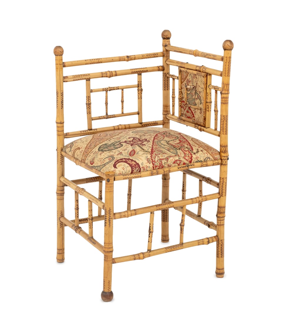 Aesthetic Movement Bamboo Corner Chair: Aesthetic Movement Bamboo Corner Chair, with upholstered back panel and seat. 32" H x 18" W x 18" D. Provenance: From a Westchester County Estate. Keywords: Vintage Furniture, Seating, Side chair,