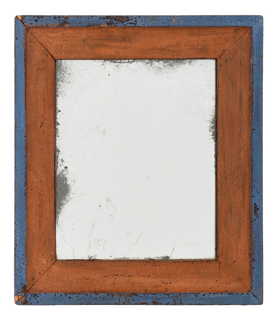 Folk Art Painted Wood Framed Wall Mirror: Folk Art Painted Wood Framed Wall Mirror, in blue and red. Mirror plate: 10" H x 8" W; frame: 14.25" H x 12.25" W x 1.25" D. Provenance: From a 21 East 87th Street Estate. Keywords: Antique mirrors, L