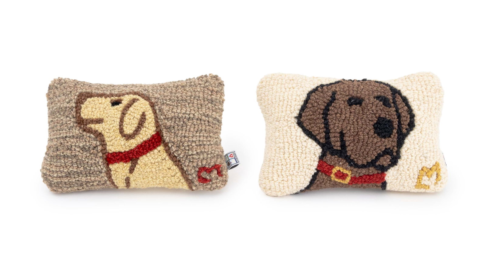 Laura Megroz Dog Motif Hand-Hooked Pillows, 2: Two Laura Megroz Dog Motif Hand-Hooked Pillows, with 4corners labels and velvet backs. 7.5" H x 11.5" W x 4" D. Provenance: From a 21 East 87th Street Estate. Keywords: Designer, Four Corners,
