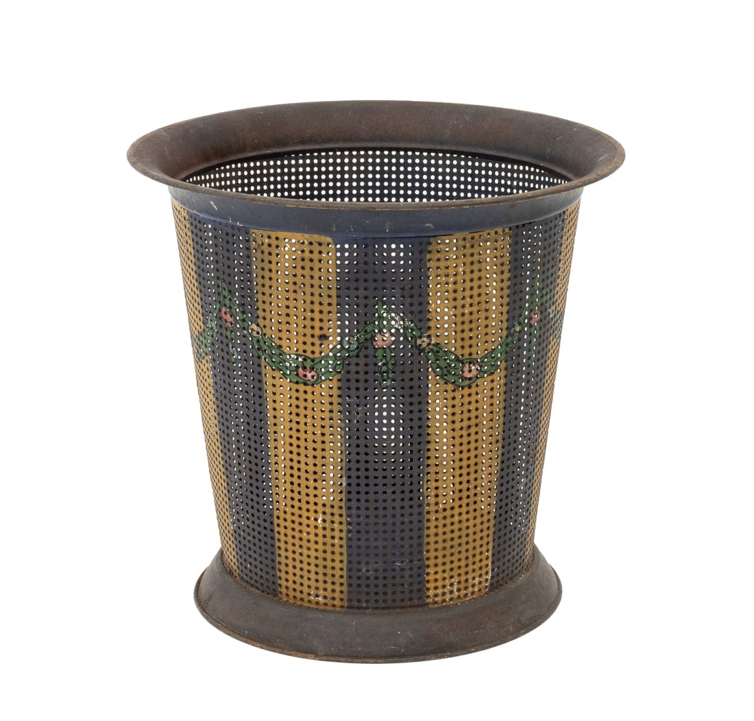 American Paint-Decorated Perforated Trash Can: American Paint-Decorated Perforated Metal Trash Can, with floral garlands atop yellow and gray stripes. 11.25" H x 11.5" Diameter. Provenance: From a 21 East 87th Street Estate. Keywords: Americana,