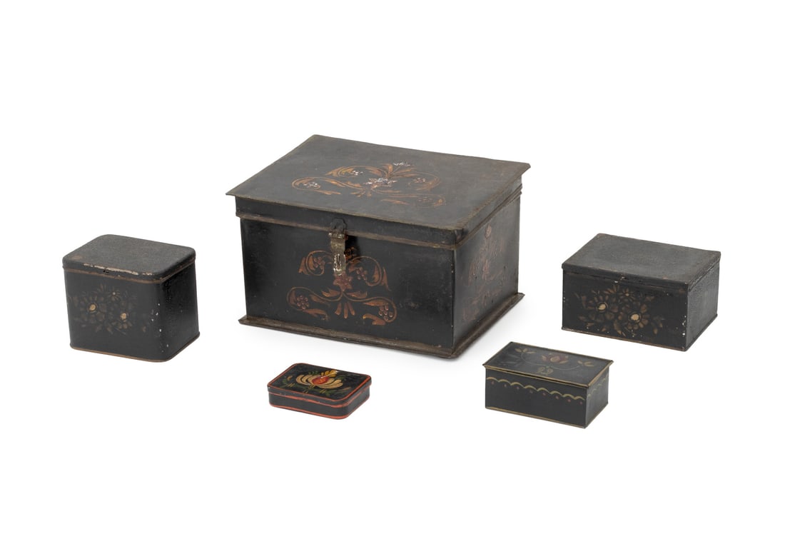 American Painted Toleware Boxes, 19th C., 5: Group of Five American Paint-Decorated Toleware Boxes, 19th century. 5.75" H x 10" W x 7.75" D. Provenance: From a 21 East 87th Street Estate. Largest: Keywords: Antiques, American Primitive Art, Amer