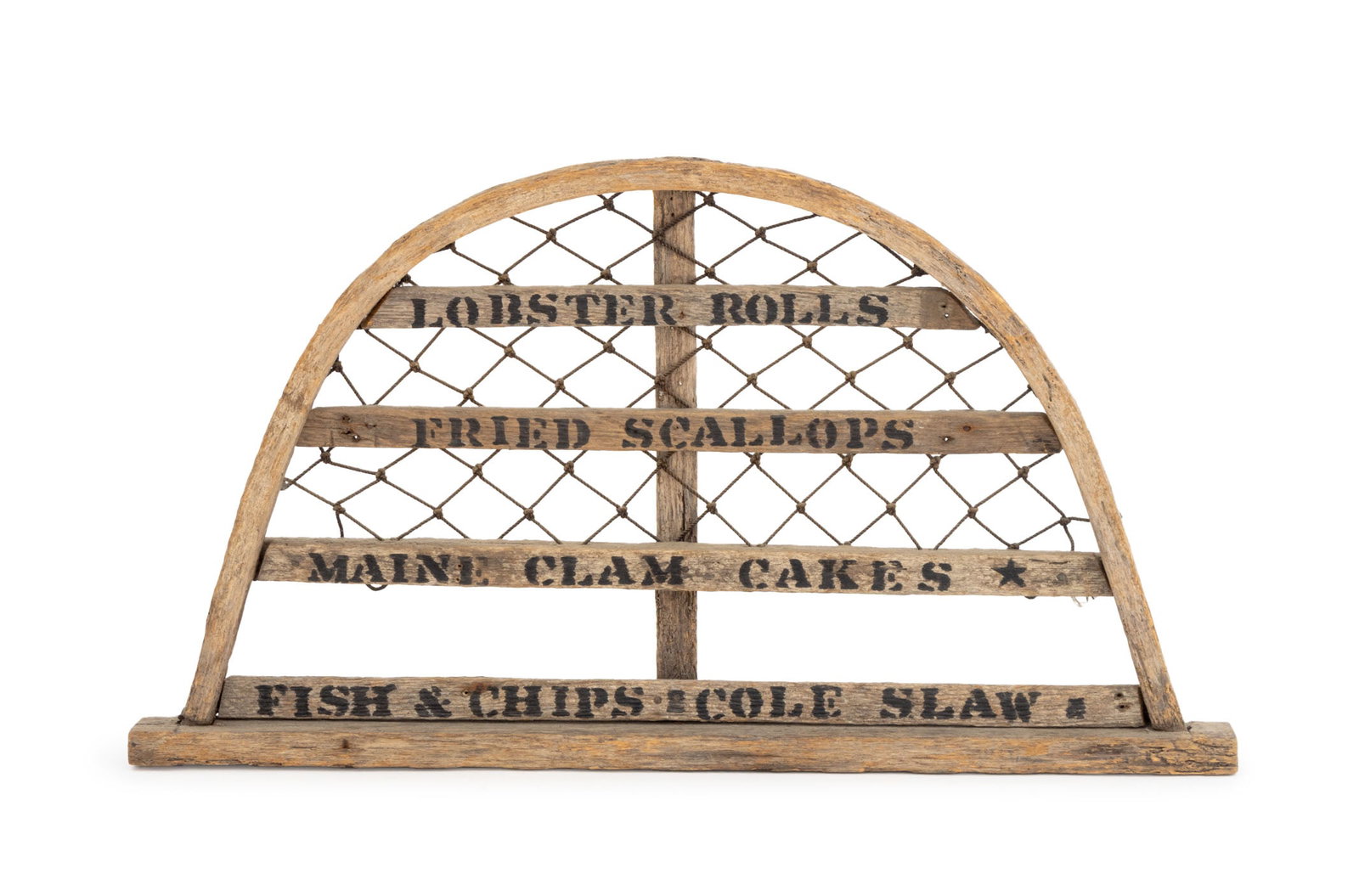 American Folk Art Wood and Net Seafood Sign: American Folk Art Wood and Net Seafood Sign, with black stenciled menu. 4.75" H x 27" W x 2.5" D. Provenance: From a 21 East 87th Street Estate. Keywords: Maine, Fisherman, Fishing, Vintage,