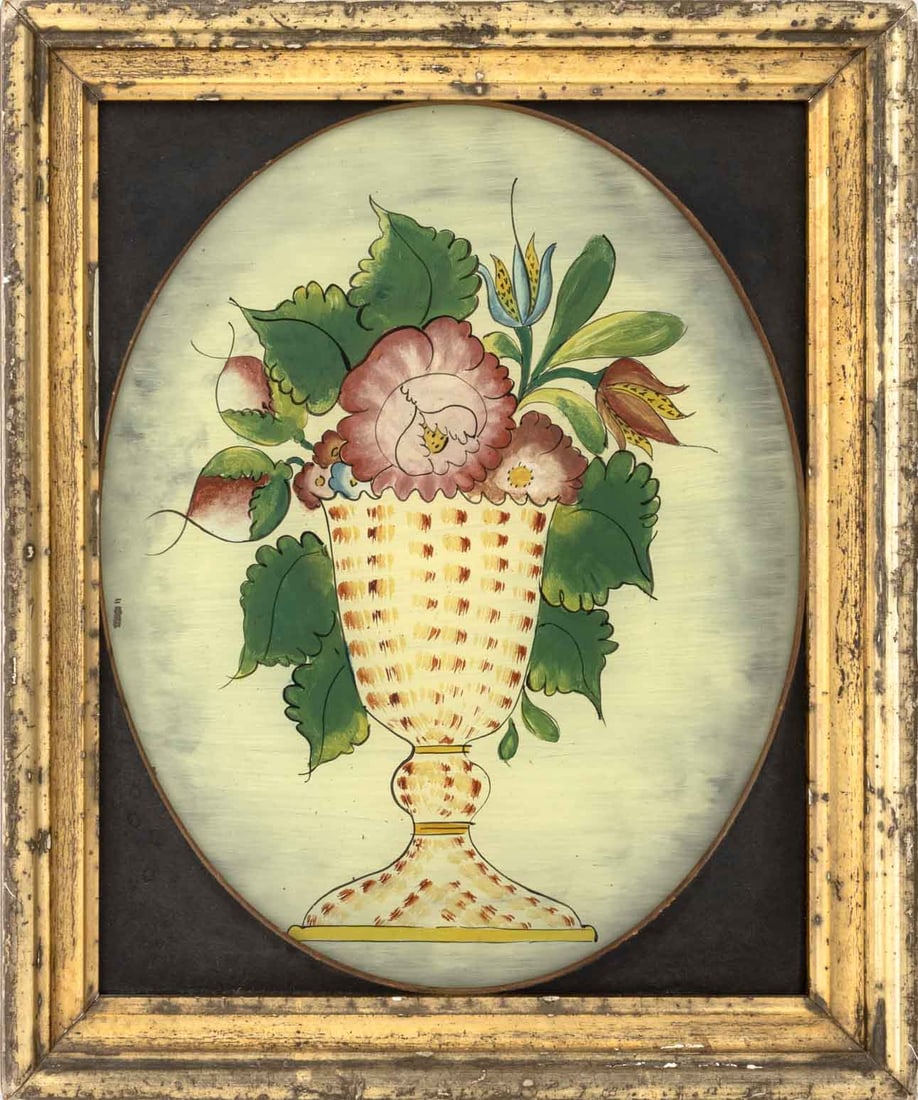 American Floral Reverse Glass Painting, 19th C.: American Naive School, Still Life Scene of a Floral Bouquet, Reverse Painted Glass, 19th century, unsigned, giltwood frame. Image: 9.5" H x 7.25" W; frame: 11.5" H x 9.5" W x 1" D. Provenance: From a 