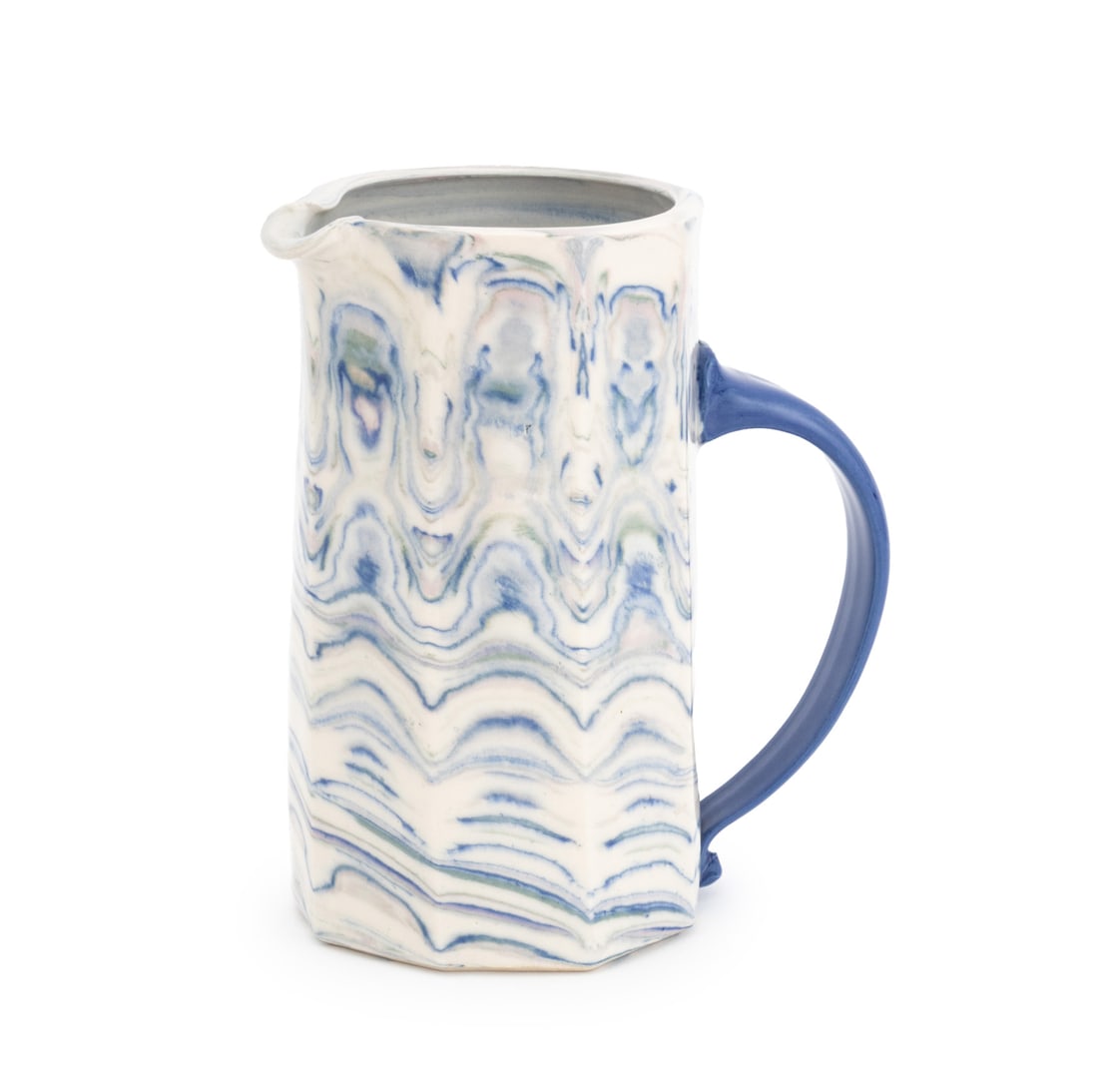 Illegibly Signed Neriage Art Pottery Jug: Neriage Art Pottery Jug, with blue glazed handle, illegibly signed and dated to underside. 8.5" H x 6.5" W x 4" D. Provenance: From a 21 East 87th Street Estate. Keywords: Agateware, Ceramics, Studio 