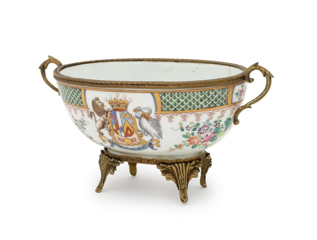 Samson Armorial Porcelain Bowl, 19th C.: Samson Armorial Porcelain Bowl, 19th century, with gilt metal mounts, marked with pseudo-Chinese mark and "France" to underside. 4" H x 8" W x 4" D. Provenance: From a 21 East 87th Street Estate. Keyw
