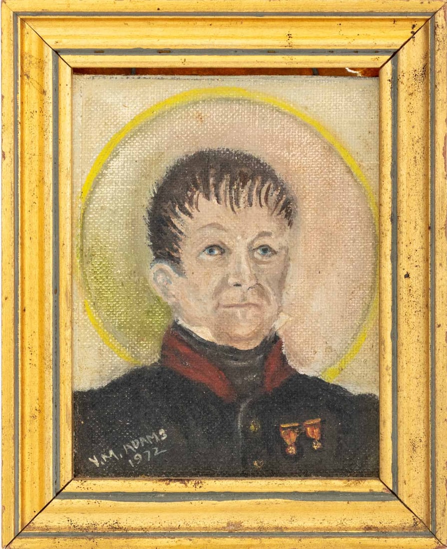 V.M. Adams Portrait of a French Officer Oil, 1972: V.M. Adams (XX), Portrait of a French Officer, Oil on Canvas Panel, 1972, signed and dated lower left, inscribed verso, giltwood frame. Image: 4.25" H x 3.25" W; frame: 5.75" H x 4.75" W x 1" D.