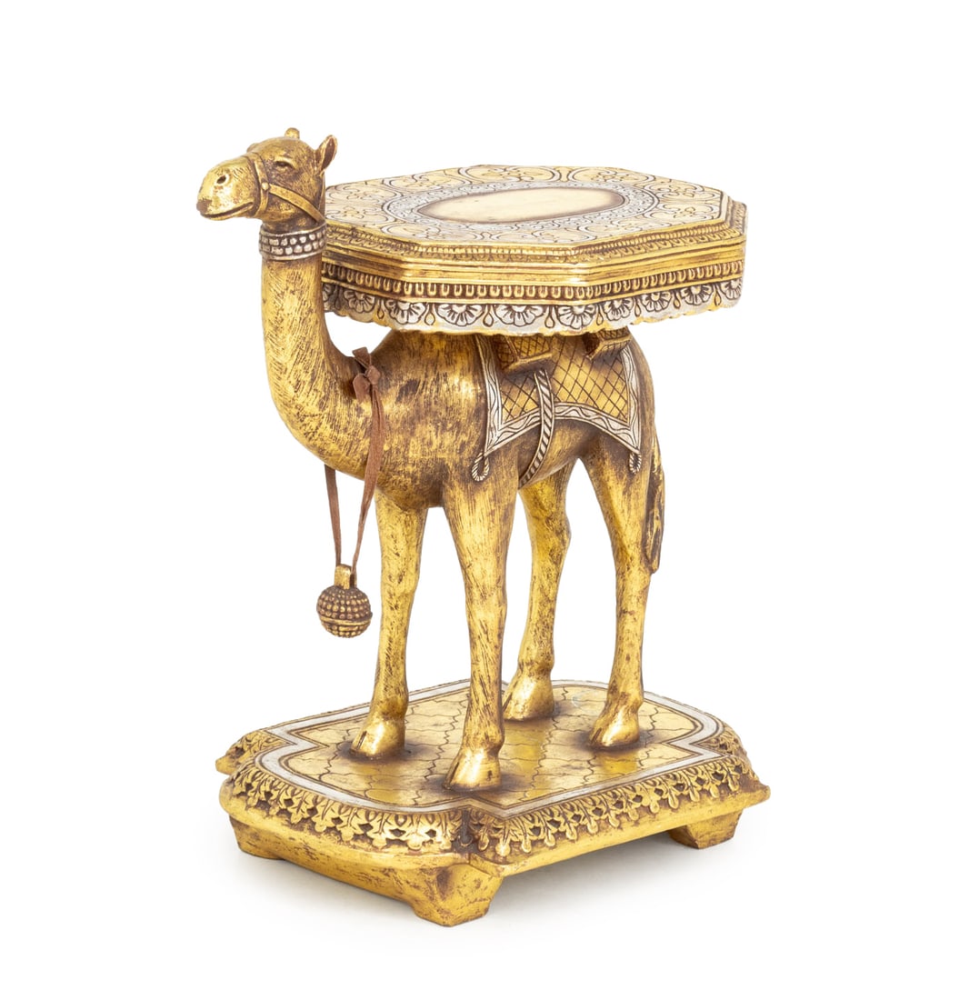 AFD Home Silvered & Giltwood Camel Form Side Table: AFD Home Silvered and Gilded Wood Camel Form Side Table, with octagonal top. 26.25" H x 23.5" W x 14.5" D. Provenance: From a One Central Park West Estate. Keywords: Contemporary Furniture, End