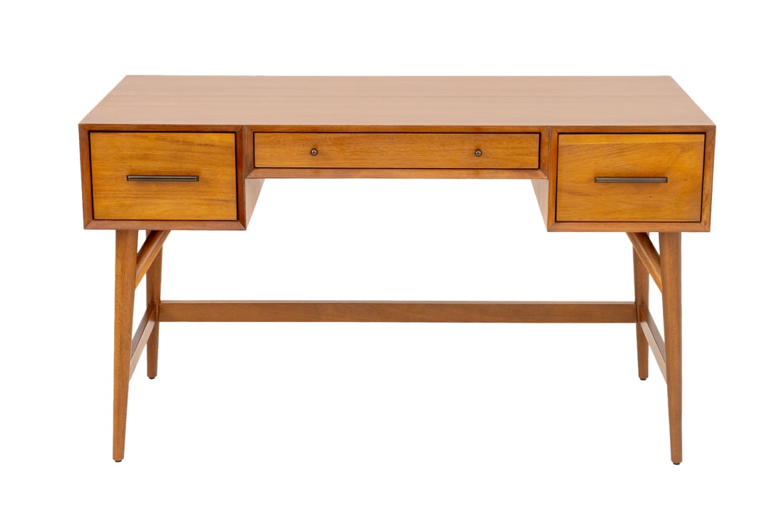 West Elm Modern Walnut Desk: West Elm Modern Walnut Desk, having central stepped frieze drawer flanked by two short drawers on four tapered legs. 30.5" H x 52.25" W x 24" D. Provenance: From a Long Island Estate. Keywords: