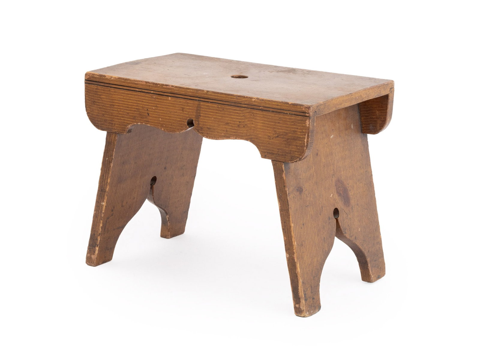 American Grain Painted Milking Stool: American Grain Painted Milking Stool, with carved apron and single central hole to seat. 12.5" H x 16" W x 9.75" D. Provenance: From a 21 East 87th Street Estate. Keywords: Americana, Antique