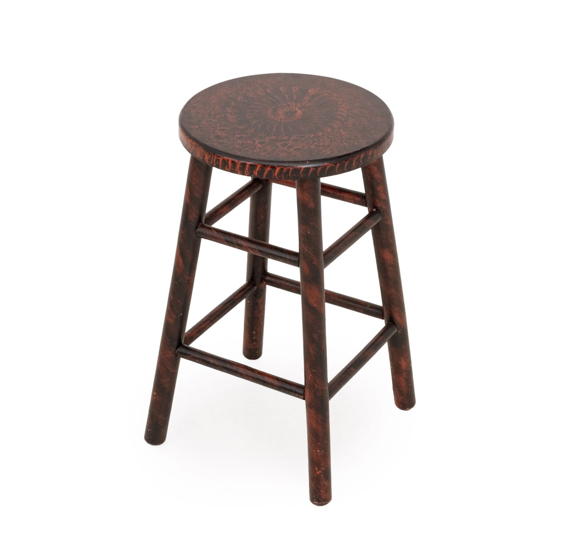 American Red & Black Painted Stool: American Red and Black Paint-Decorated Wood Stool, the circular seat above four cylindrical legs. 23" H x 13.25" W x 13" D. Provenance: From a 21 East 87th Street Estate. Keywords: Americana, Antique