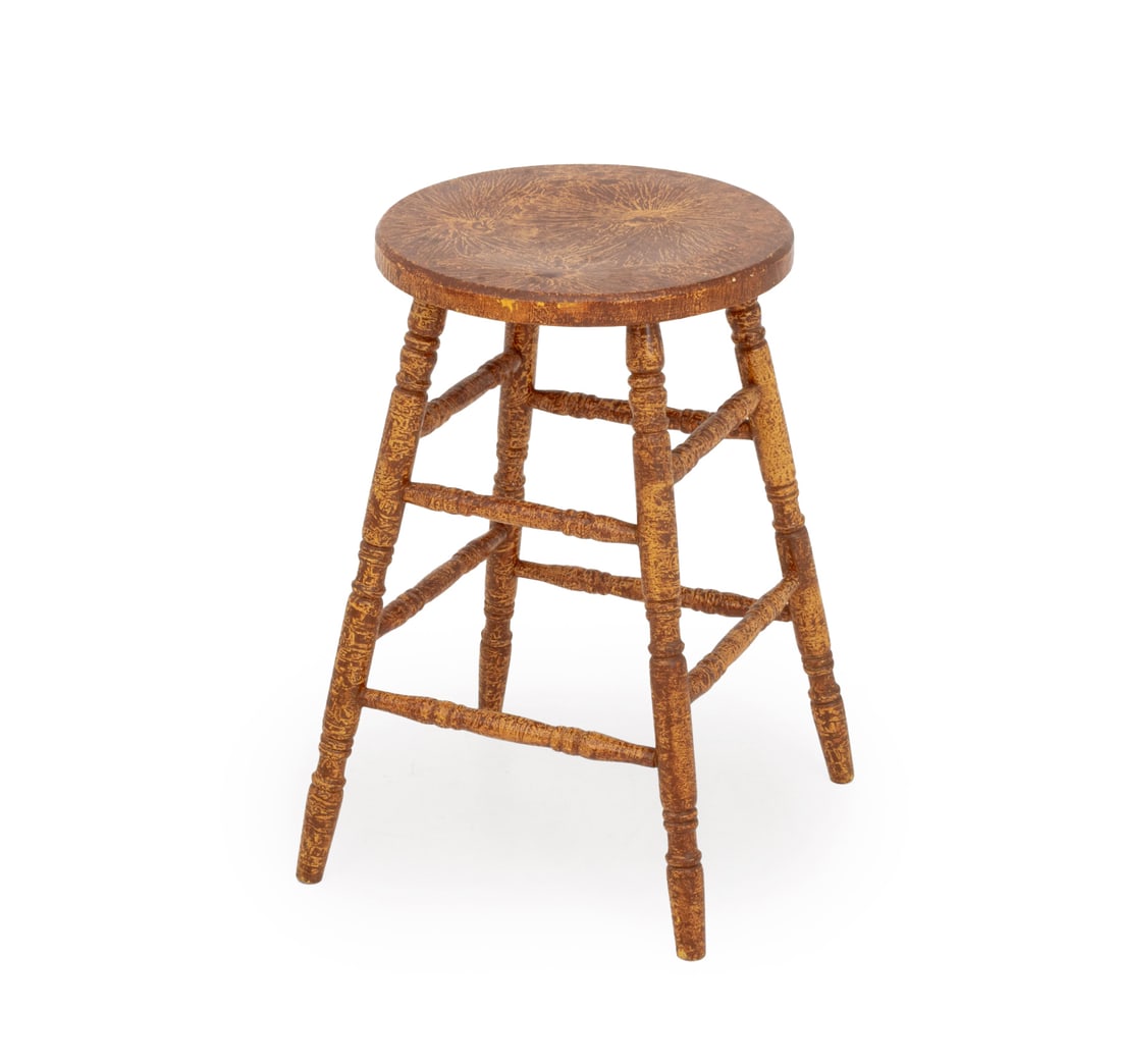 American Grain Painted Wood Stool: American Grain Painted Wood Stool, the circular seat above four turned wood legs. 23.25" H x 15" W x 15" D. Provenance: From a 21 East 87th Street Estate. Keywords: Americana, Antique Furniture, Ameri