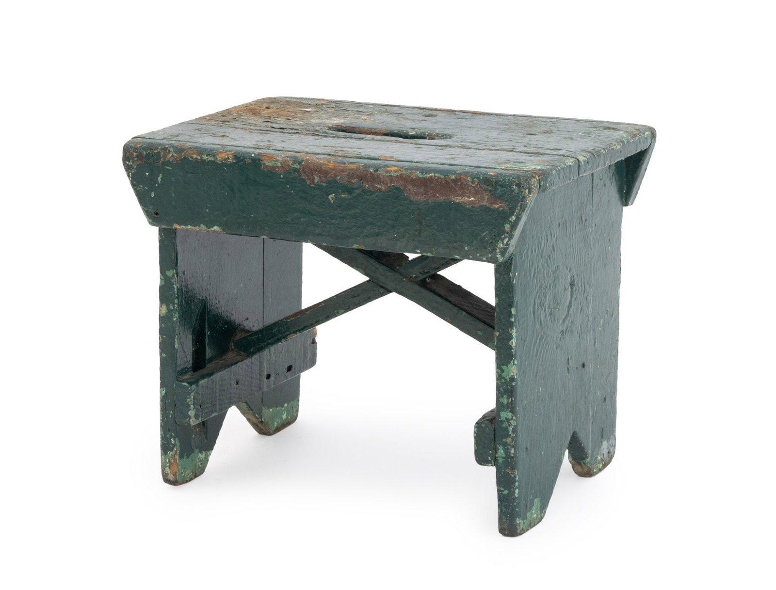 American Green Painted Foot Stool: American Green Painted Foot Stool. 11" H x 13.25" W x 9.75" D. Provenance: From a 21 East 87th Street Estate. Keywords: Antique Furniture, American Primitive Furniture, Milking Stool, Footrest,